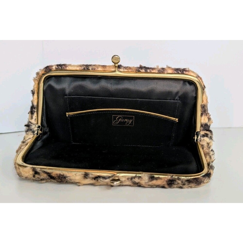 Vintage Garay Faux Fur Leopard Print Kiss Lock Clutch Purse 1960s 70s USA Made